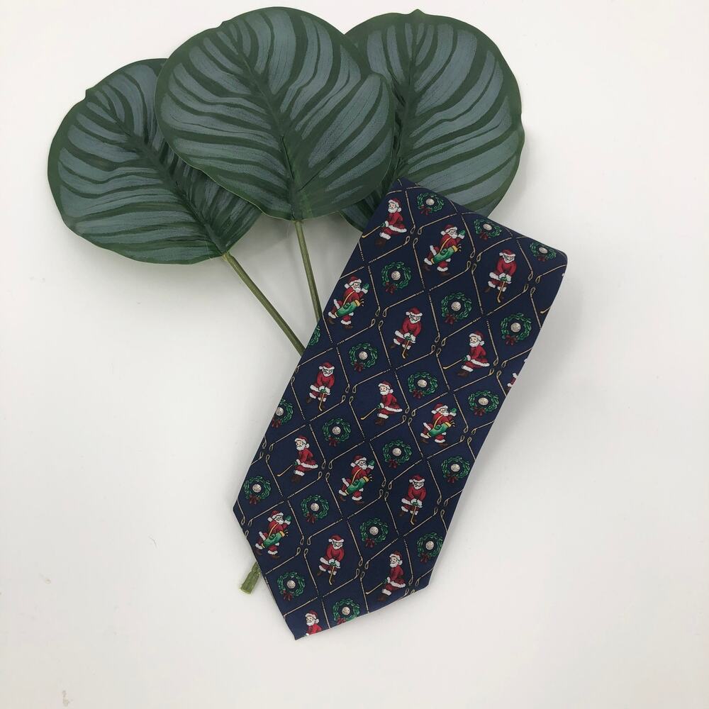 John Henry Navy Blue Golf Santa Christmas Holiday Novelty USA Made Silk Neck Tie